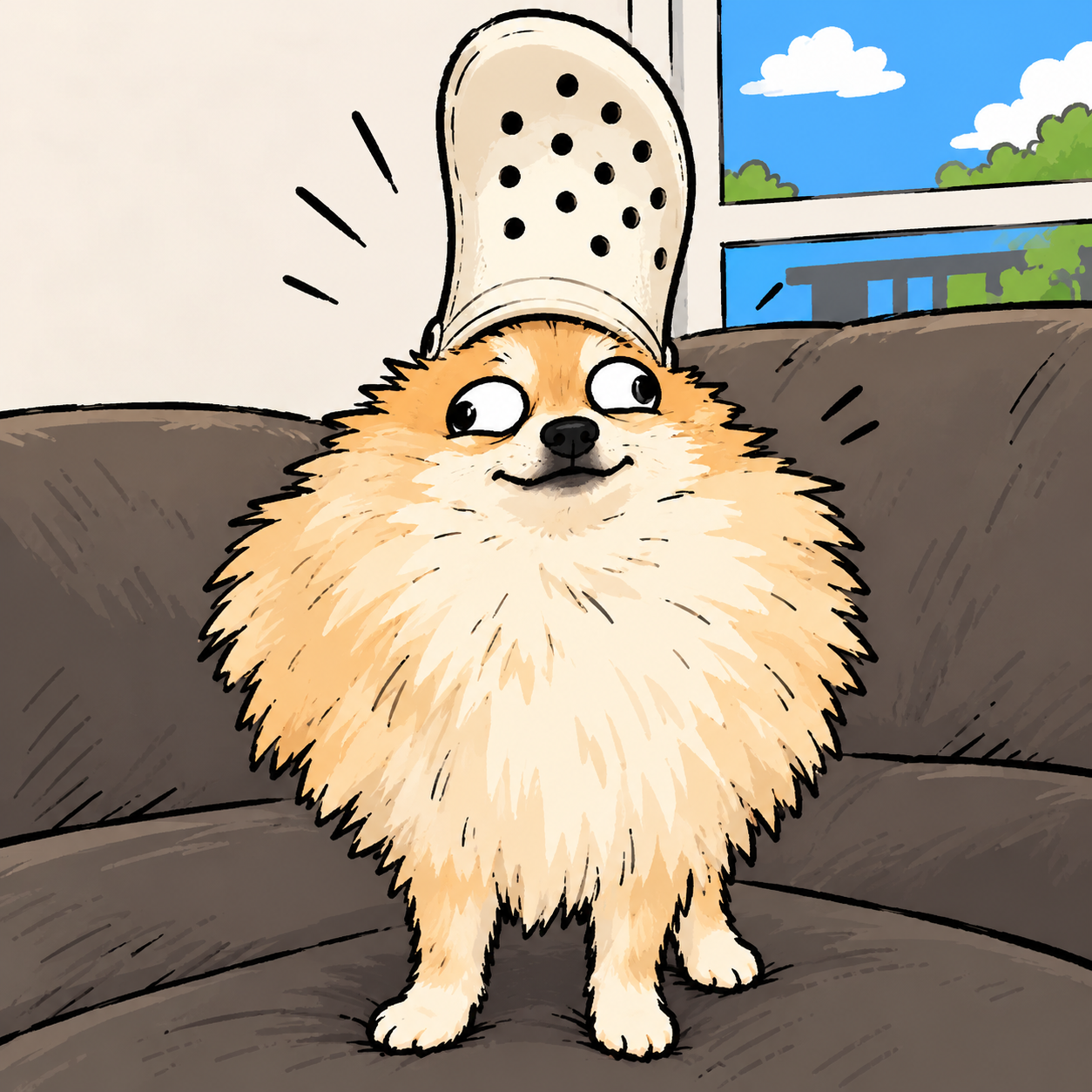 A fluffy orange dog wearing a cream crocs hat